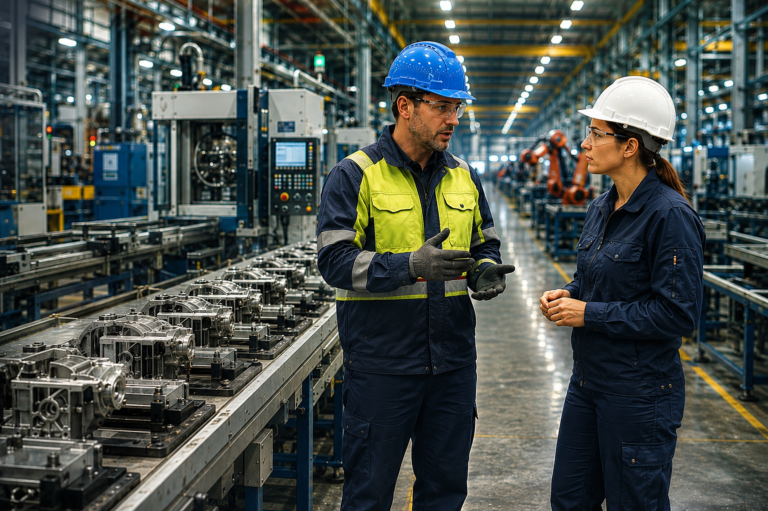 two factory floor workers have a discussion with industrial machinery in the background