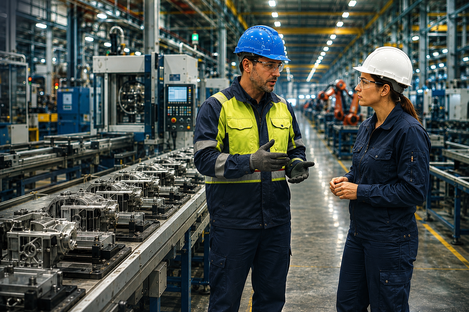 two factory floor workers have a discussion with industrial machinery in the background