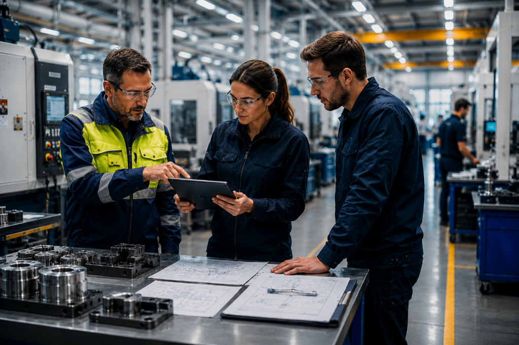 Three people planning on a factory floor